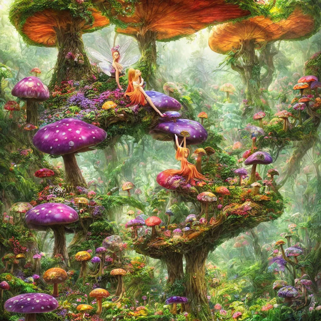 Prompt: fairy princess sitting on top of big mushroom, lush green alice in wonderland style forest backdrop, colorful plants and flowers and mushrooms, vibrant colors, intricate mural, highly detailed, digital painting, trending on artstation, sharp focus, illustration, art by artgerm and greg rutkowski and magali villeneuve