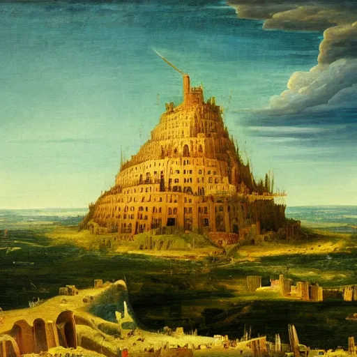 Image similar to a painting of the tower of babel, in the style of caspar david friedrich