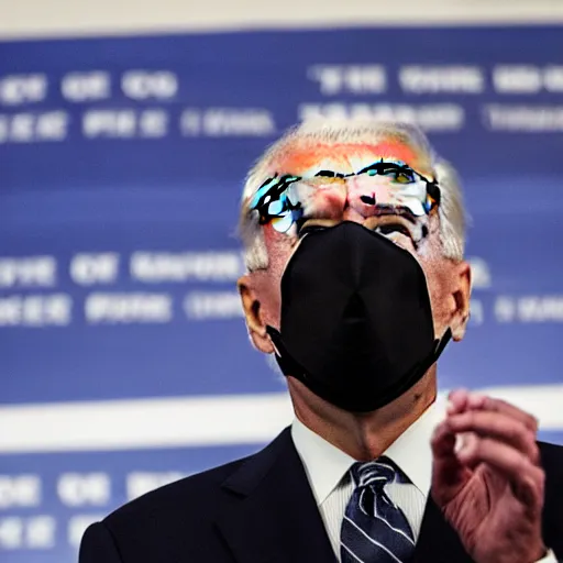 Image similar to Pulitzer-prize winning photograph of Joe Biden giving a press conference with heavy black smoke pouring from his mouth, nose, and eyesockets and pooling on the floor, unbearable anxiety, uncanny liminal space