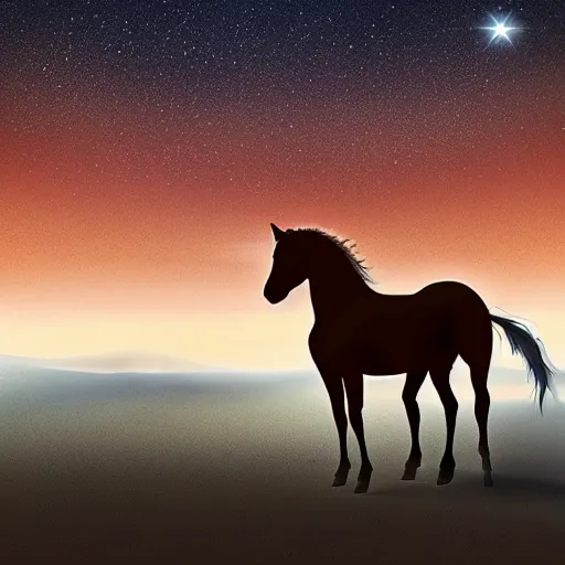 Prompt: an old cowboy standing together with a ghostly ethereal horse looking out over a beautiful nighttime scrubland desert vista with stars in the sky, digital painting by Swanland, Raymond