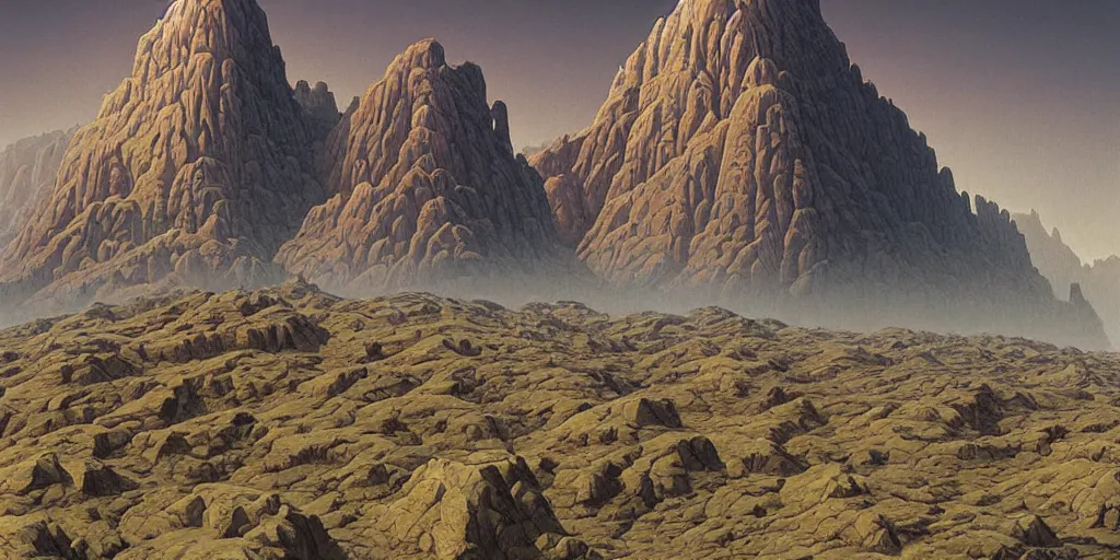 Image similar to beautiful rendered in zbrush ancient painting of a beatiful scenic mountain range surrounded by holographic Myrtle squares, by Jean Giraud and Zdzisław Beksiński and Chesley Bonestell and James Gurney