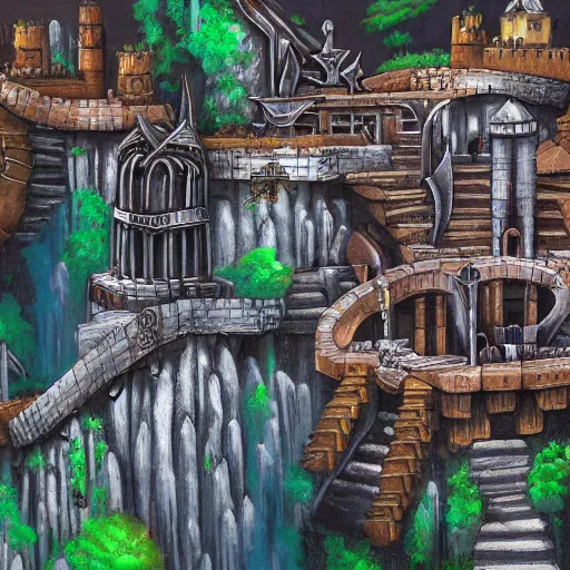 Prompt: fantasy stream punk city built into the side of a large mountain. high quality, realistic painting