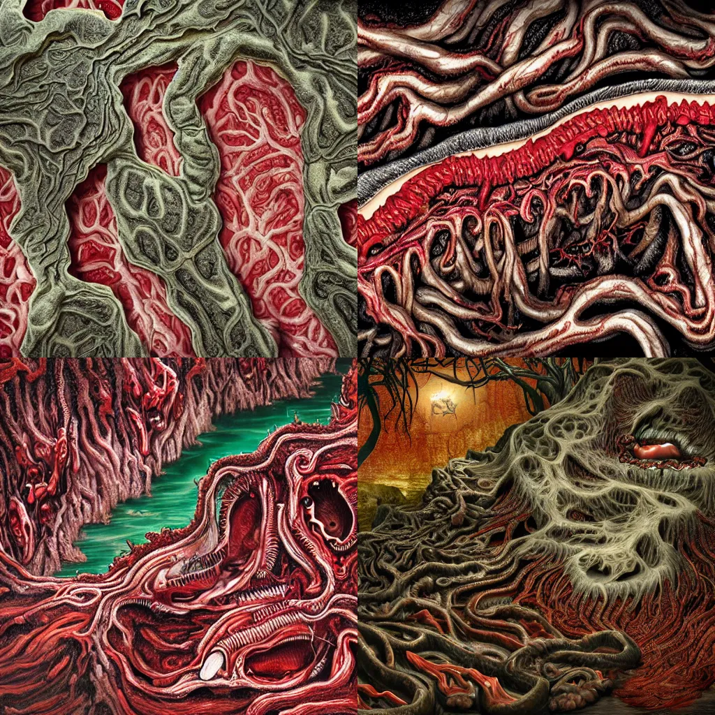 Prompt: a gory hellscape of intricate and complex design made solely of gory meat, eyes, and teeth, with blood rivers and blood waterfalls, intestines sprouting from the cliffs, flesh hills, limb trees, high quality photo