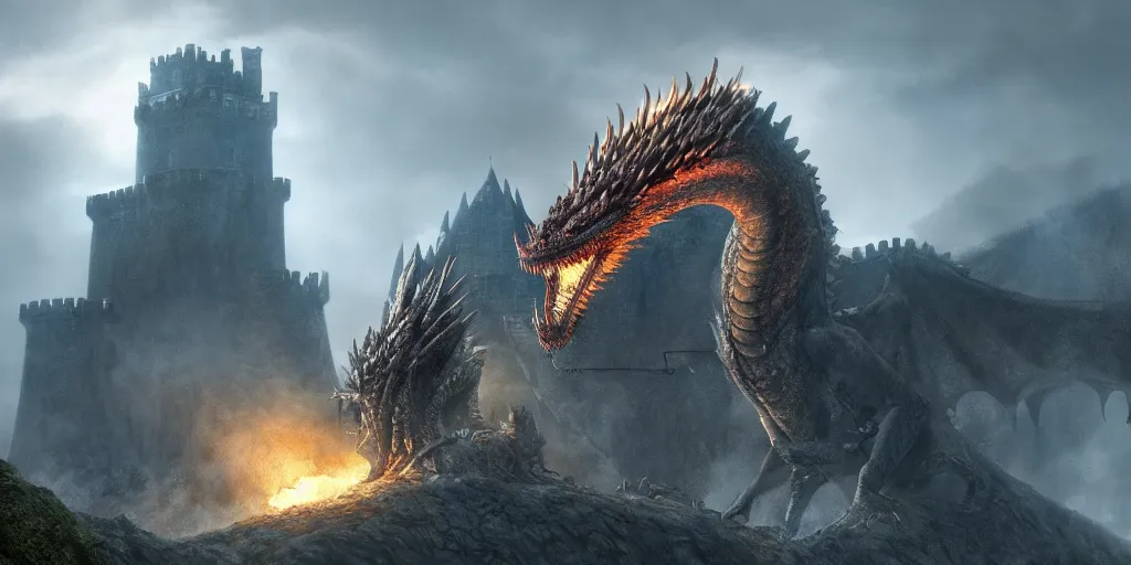 Image similar to an environmental concept art of a highly detailed dragon breathing fire on a castle, game of thrones, environmental light, cinematic by francis tneh