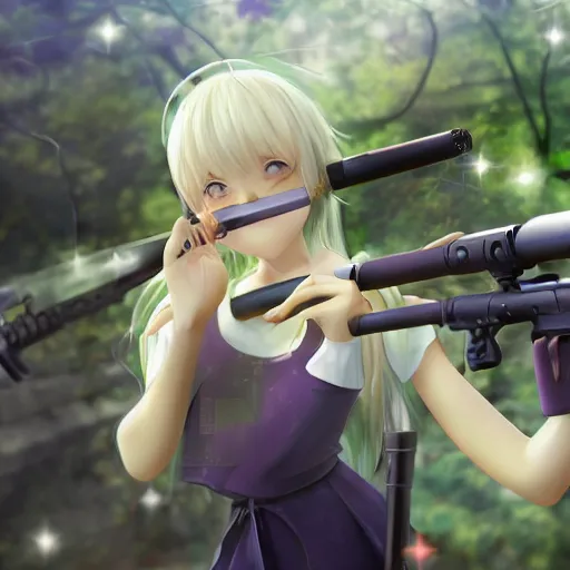 Image similar to advanced digital anime art, Sakimichan , a small school girl with silver hair wearing a violet dress and bare feet aiming through a PSG1 sniper rifle, DOF, Gaussian Blur, —W 1920