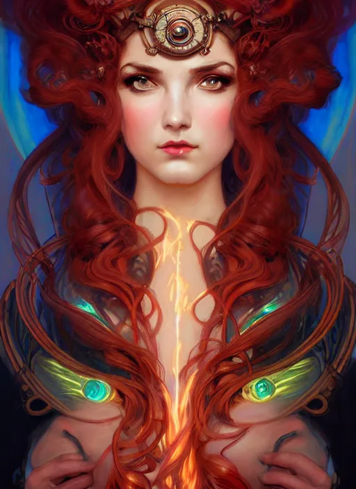 Image similar to the goddess hestia, hair on fire, steampunk, glowing eyes, beautiful eyes, volumetric lights, red and cyan theme, art nouveau botanicals, intricate, highly detailed, digital painting, artstation, concept art, smooth, sharp focus, cinematic, illustration, beautiful face, art by artgerm and greg rutkowski and alphonse mucha