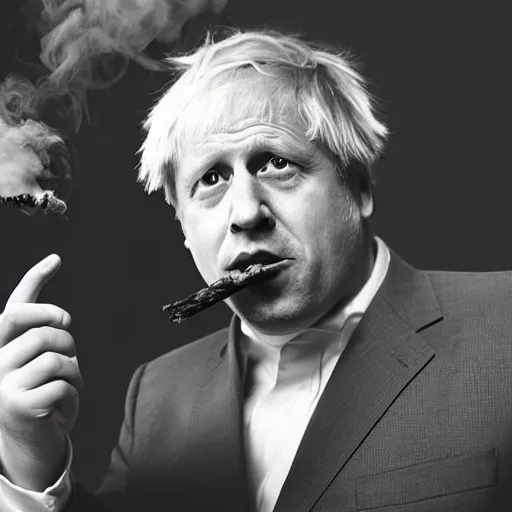 Image similar to medium shot photo of Boris Johnson with a joint in his mouth with smoke coming out, 4k, ultra HD