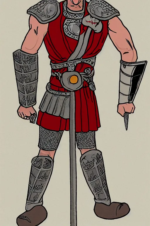 Image similar to shy tall muscular roman guard, male, bushy eyebrows, round eyes, buzz cut hair, roman armor, screen cap, 4K, stylized, drawn by Hiromu Arakawa