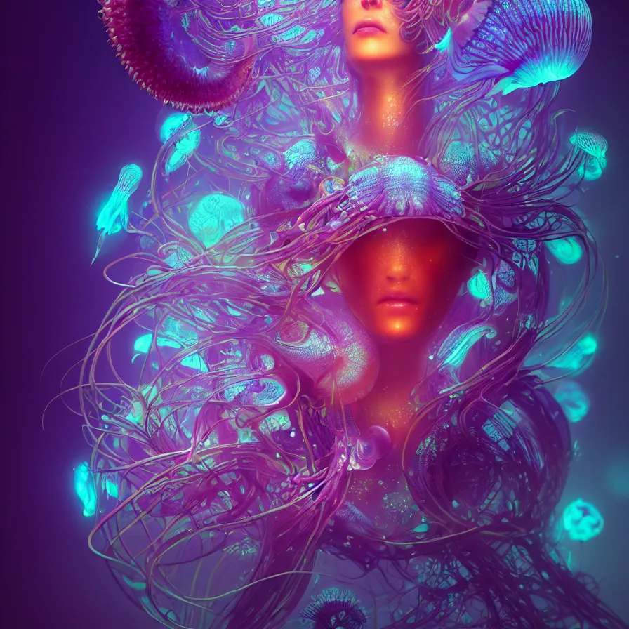 Image similar to goddess close-up portrait. orchid jellyfish phoenix head, nautilus, skull, betta fish, bioluminiscent creatures, intricate artwork by Tooth Wu and wlop and beeple. octane render, trending on artstation, greg rutkowski very coherent symmetrical artwork. cinematic, hyper realism, high detail, octane render, 8k