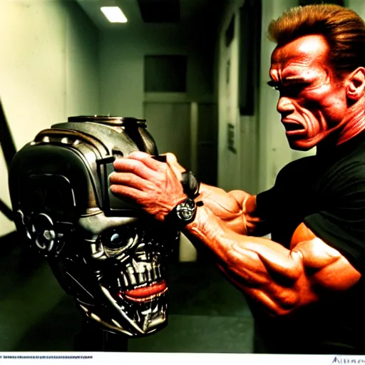 Prompt: uhd photorealisitc candid photo of arnold schwarzenegger begging a terminator not to kill him. hyperdetailed, accurate, studio lighting. photo by annie leibowitz and steve mccurry