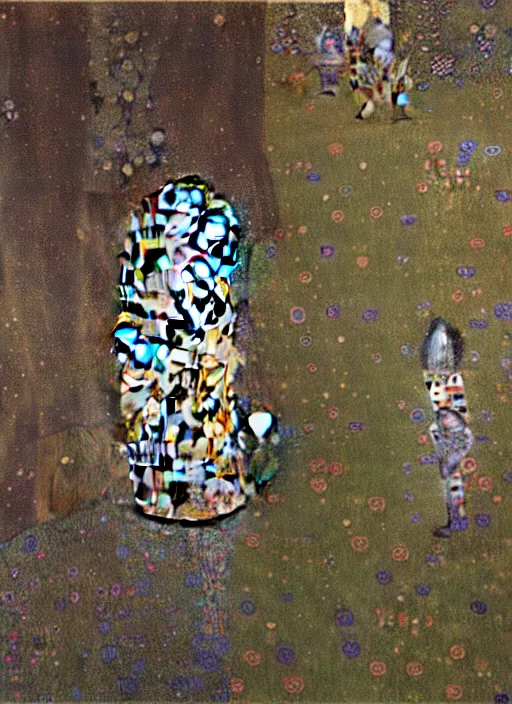 Image similar to cognitive optical illusions of landscape and four people in the foreground in extreme dynamic poses painted by gustav klimt