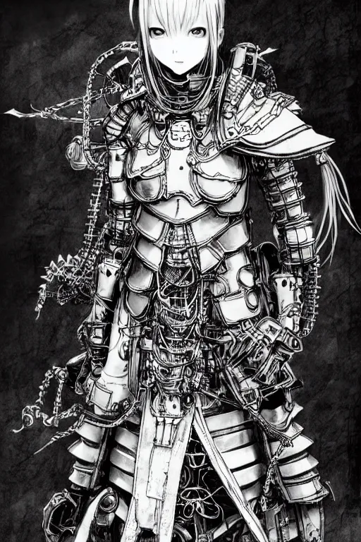 Image similar to a vertical portrait of a character by yoshitaka amano and nihei tsutomu, black and white, dreamy, steampunk armor, highly detailed