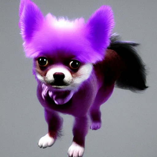 Image similar to a photorealistic render of a purple and green fluffy cloud shaped like an chihuahua, 3D octane render, unreal engine, hyperrealistic, 8k, volumetric lighting