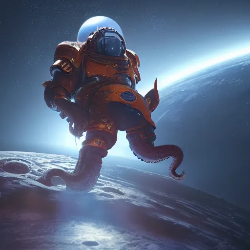 Prompt: An octopus wearing a spacemarine armor in outer space, tentacles, spacecraft, nebula, octane render, 3d, unreal engine, highly detailed, 4k, 8k