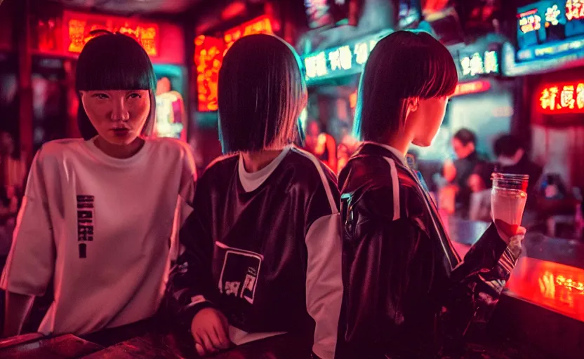 Image similar to cinestill 5 0 d photographic portrait of two female androids wearing streetwear talk at a bar in cyberpunk china, extreme closeup, modern cyberpunk, dust storm, 8 k, hd, high resolution, 3 5 mm, f / 3 2, ultra realistic faces, intricate detail, ex machina