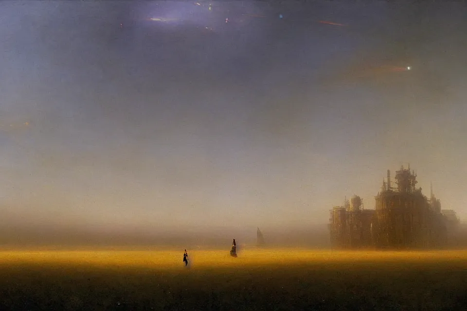 Image similar to sci-fi painting of a large alien city on the vast wheat fields, the closed back view of only one humanoid robot on the ground, by Ivan Aivazovsky, godrays, detailed