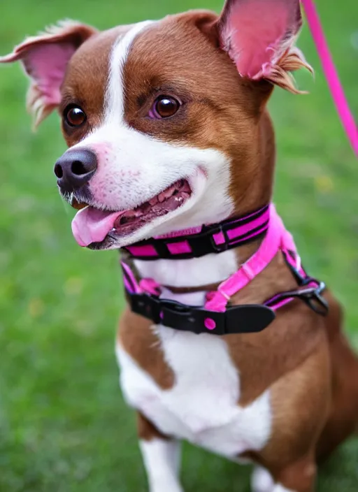 Image similar to fully grown tan pit bull, long - haired chihuahua, pomeranian mix, wearing a pink harness