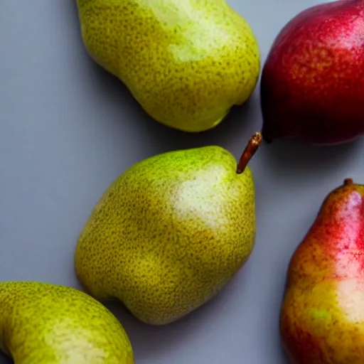 Prompt: a pear cut into seven pieces arranged in a ring