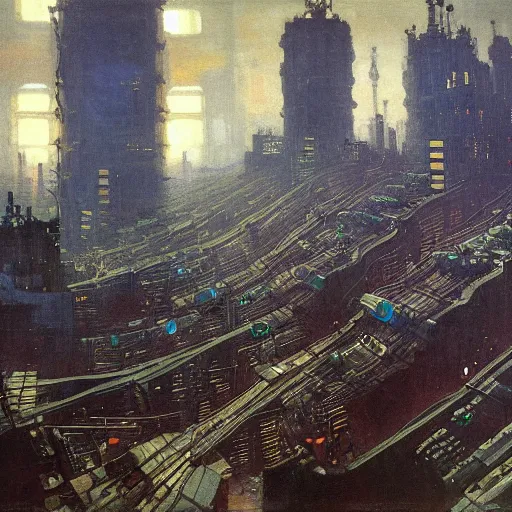 Image similar to cyberpunk network of pipes, by Ilya Repin