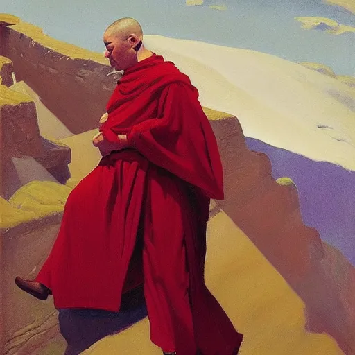 Image similar to sienna portrait of the astute monk crimson and sienna robe ascending the treacherous mountain stairway to the monastery jamie wyeth james gilleard edward hopper oil painting