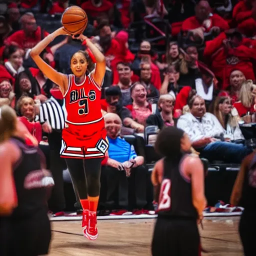 Prompt: woman plying basketball on court in a chicago bulls jersey at the united center