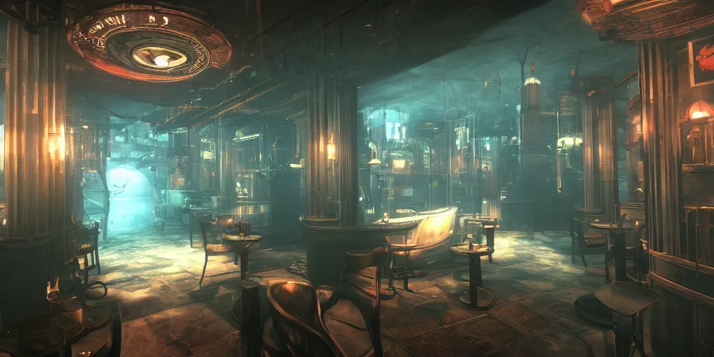 Image similar to In the world of rapture from the world of bioshock you are in a bar, there is a window that lets you see the whole city underwater and you are drinking a rum and coke