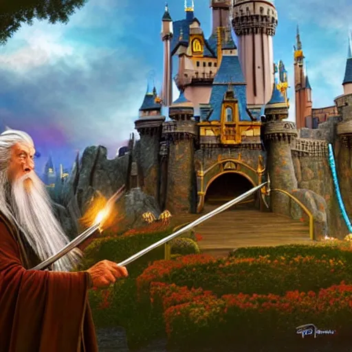 Prompt: gandalf visiting disneyland, highly detailed, digital art,