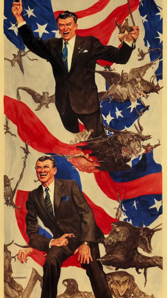 Image similar to satanic ronald regan, painting in the style of norman rockwell, 1 9 5 0 s, evil, satan, devil, demonic, demon, hyperrealistic, photorealistic, award - winning, 4 k, ultra hd, artstation, intricate, highly detailed, patriotic, american, usa, dark, gritty