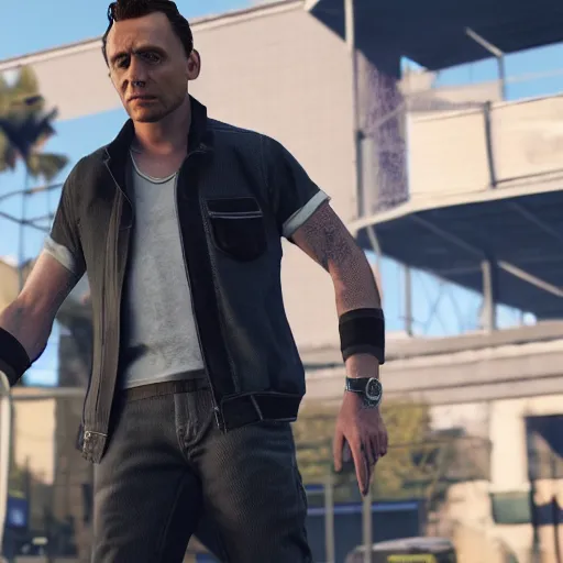 Image similar to in-game screenshot of Tom Hiddleston in GTA V, 3d render, Unreal Engine, octane render, ray tracing, Unity, highly detailed, high quality, HD, 4k, 8k, realistic, sharp, trending