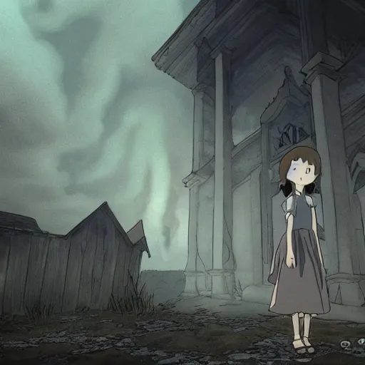 Prompt: ghost of a girl, a burnt out church, wisps of smoke, spooky, photorealism, cel shaded, studio ghibli, hayao miyazaki