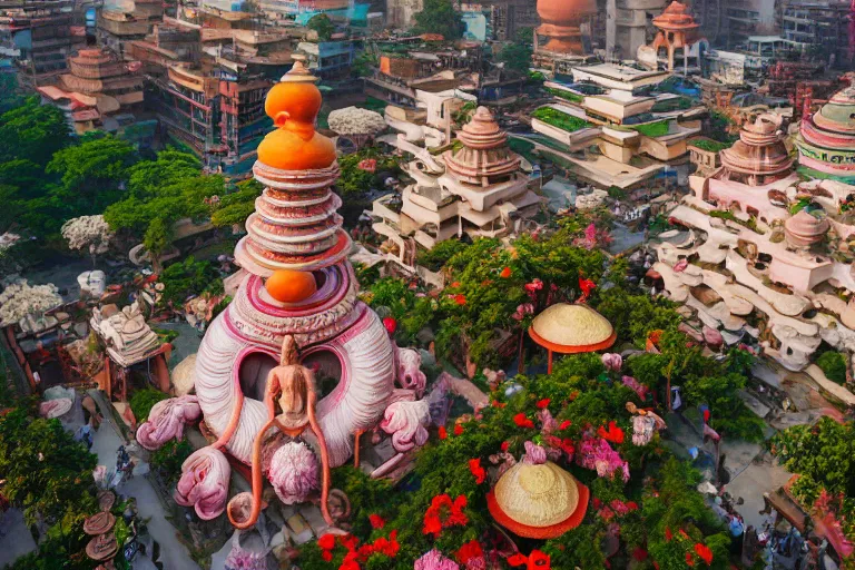 Image similar to beautiful dreamy! biomorphic new delhi, hanuman!! head building, kalighat flowers, octane sharp cinematic, stephen shore & john j. park, soft morning light, wide shot, aerial photo, uhd 8 k, shallow depth of field