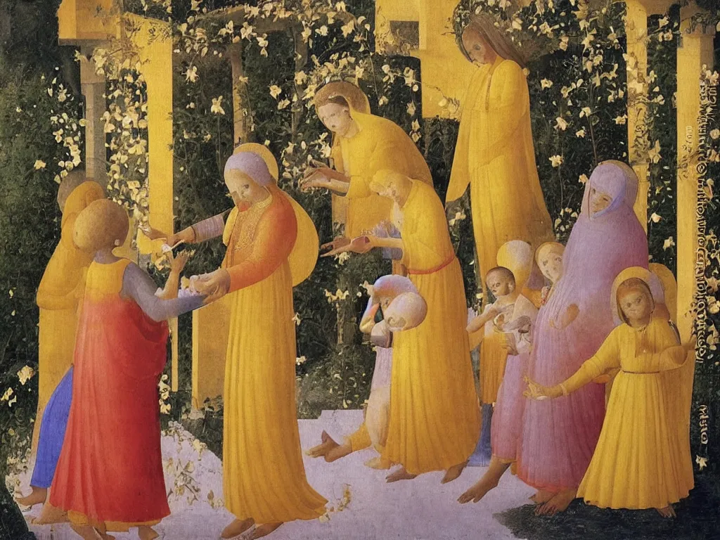 Image similar to Indian Woman dressed in yellow with 10 babies. Jasmine flower all over, garden outside with Cypresses. An angel is arranging the seashells. Painting by Fra Angelico.