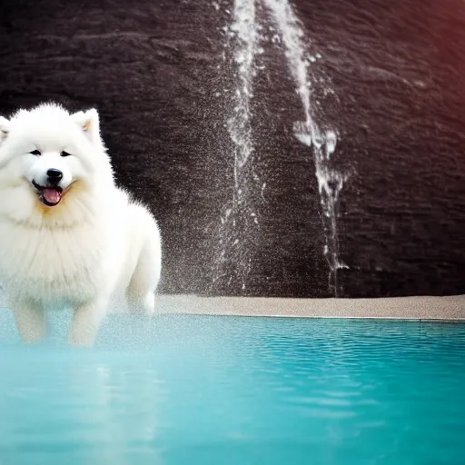 Image similar to beautiful photograph of samoyed dog taking a bath in a pool full of lava, professional photography, sigma 5 6 mm f 8