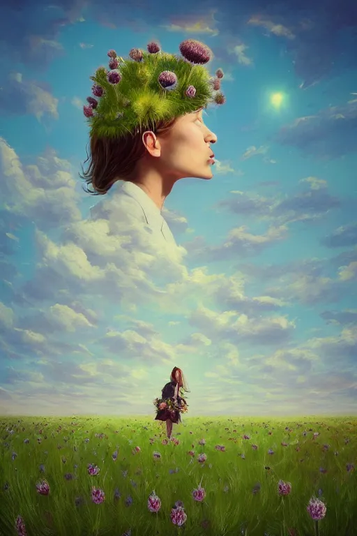 Prompt: portrait, an enormous thistle flower under the head, a girl in suit in a field of flowers, surreal photography, sunrise, blue sky, dramatic light, impressionist painting, digital painting, artstation, simon stalenhag