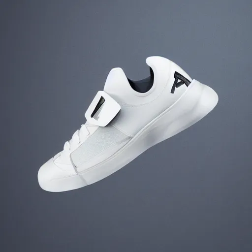 Prompt: a white modern sneaker with a spacex logo, inspired by spaceship interiors, spacesuit and with technical mech details, hyperrealistic studio ahot commercial photography