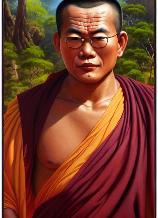 Image similar to smart tai buddhist monk, sukothai, closeup portrait, without eyebrows, historical hero, ethnic group, tai costume, intricate, elegant, loin cloth, highly detailed, oil painting, artstation, concept art, matte, sharp focus, illustration, hearthstone, art by earl norem