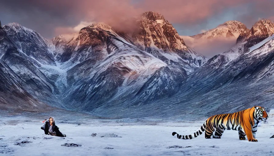 Prompt: a photo - realistic arctic landscape in wide angle, majestic snow - topped mountains in the background, a tiger and an indian warrior woman ( intricate armor in earthern red ) in the foreground, predominantly colors, wide angle, 1 8 mm, depth of field, early morning light, moody, atmospheric, 8 k, national geographic