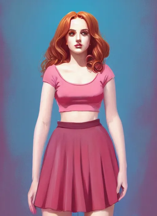 Prompt: full body portrait of teenage cheryl blossom, bangs, green eyes, sultry expression, red hair, sultry smirk, bangs and wavy hair, pink skirt, chubby, intricate, elegant, glowing lights, highly detailed, digital painting, artstation, concept art, smooth, sharp focus, illustration, art by wlop, mars ravelo and greg rutkowski