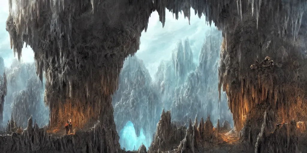 Prompt: a highly detailed matte painting of journey to the center of the earth, caverns, stone bridge, geodes, stalagmites and stalactites, ominous, foreboding, evil, hd, concept art, artstation, deviantart