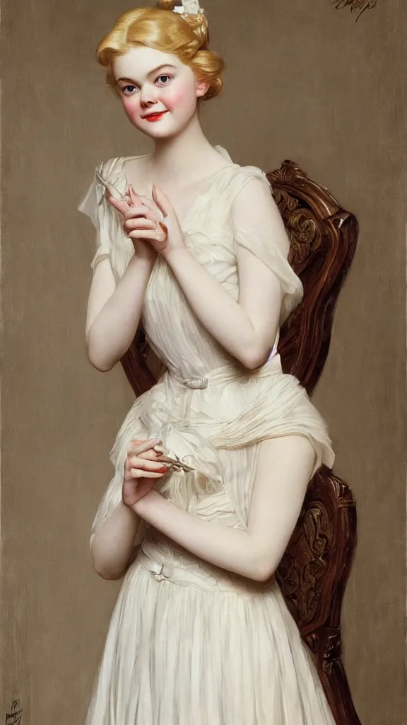 Image similar to Painting of Elle Fanning as a princess, long blonde hair, delicate, pale milky white porcelain skin, by Leyendecker and Norman Rockwell