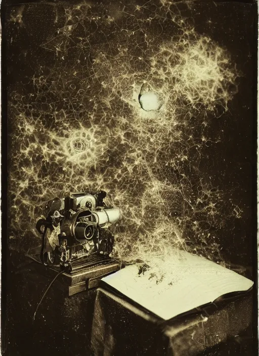 Image similar to old wetplate daguerreotype portrait of the birth of a genius artist, explosion of data fragments, fractal, intricate, elegant, highly detailed, parallax, leica, medium format, subsurface scattering, by jheronimus bosch and greg rutkowski and louis jacques mande daguerre