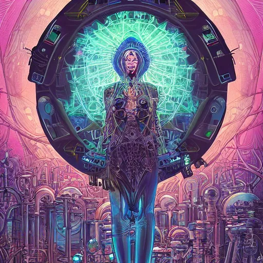 Image similar to the transhuman priestess surrounded by mechanical plants, Dan Mumford, Aaron Diaz