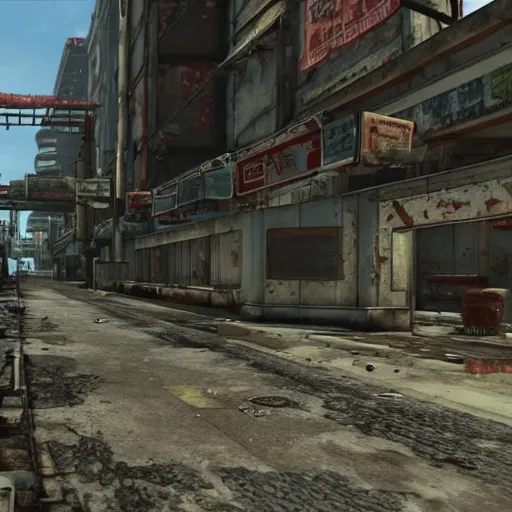 Prompt: Osaka in ruins post-nuclear war in Fallout 4, in game screenshot