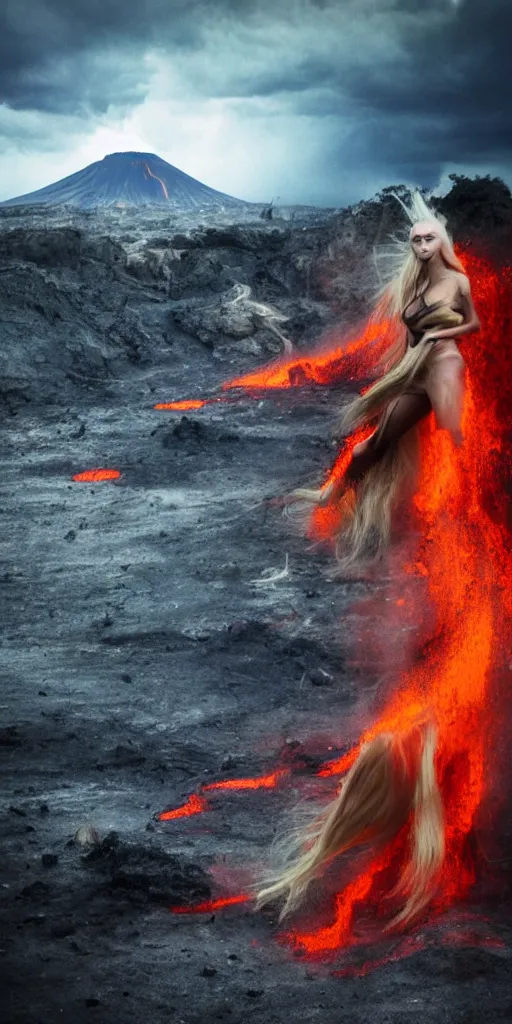 Image similar to volcano eruption apocalyptic scene with a long haired flowing blonde cyber girl futuristic runway rick owens bladerunner stormy weather high detailed photography result