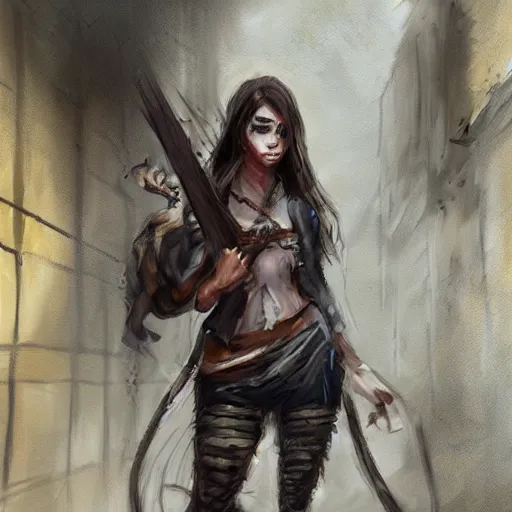 Image similar to dungeon and dragons rogue with covered face in an alley, hyper realistic, torn clothes, dirty, sweat, detailed face, in the style of emilia wilk