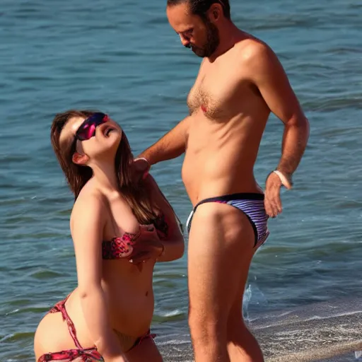 Image similar to photo of a 4 0 year old man that looks young for his age dating a very attractive 2 2 year old woman wearing a bikini. she is picking something up