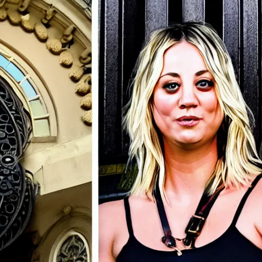 Image similar to A detailed photo of Kaley Cuoco under the Eastgate clock in Chester. Behind her we see a black panther