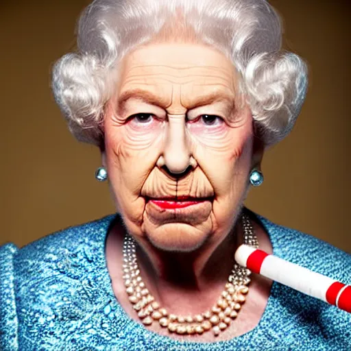 Image similar to portrait of the queen of england with a lit cigarette in her mouth while squinting, portrait, medium shot, gentle studio lighting, professional, tasteful