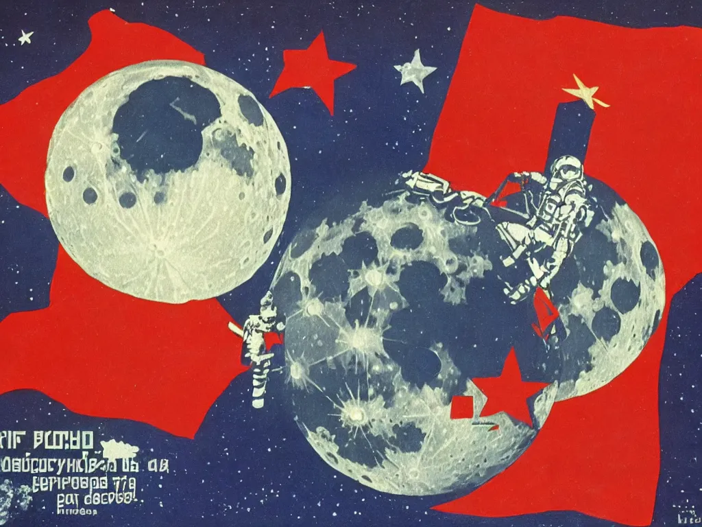 Prompt: Soviet flag on the moon, 1969