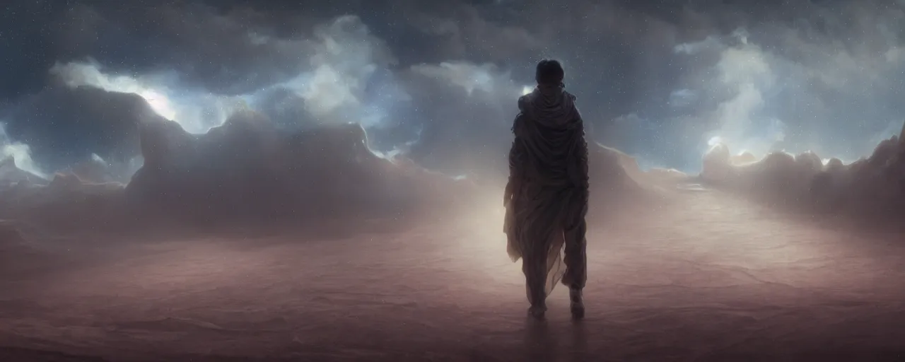 Image similar to a masterpiece oil painting of an interstellar traveler wandering through a desert made of cloud nebulas, by Tom Bagshaw and Alphonse Mucha and James Jean and John Williams Waterhouse, rendered in Octane and Cinema4D, 8k, volumetric lighting, concept art, ArtStation, fantasy, extremely moody lighting, cinematic, atmospheric, depth of field, intricate, elegant, highly detailed, digital painting, very coherent artwork